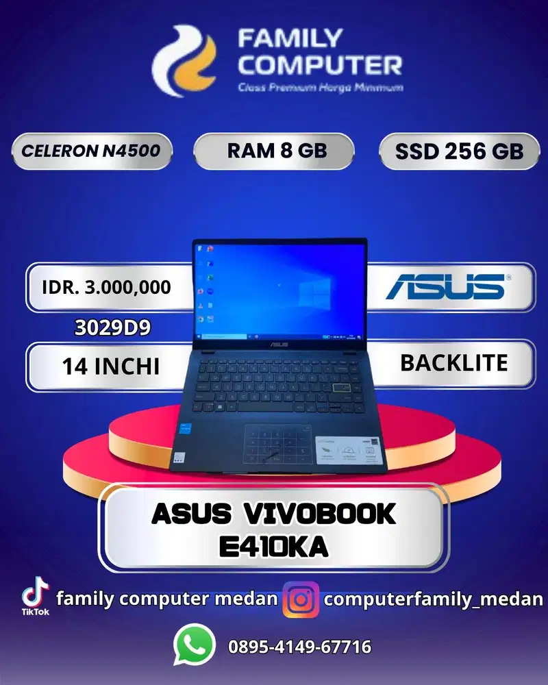 ASUS VIVOBOOK E410KA|CELERON N4500|RAM8GB|SSD256GB|14INCI|BACKLITE