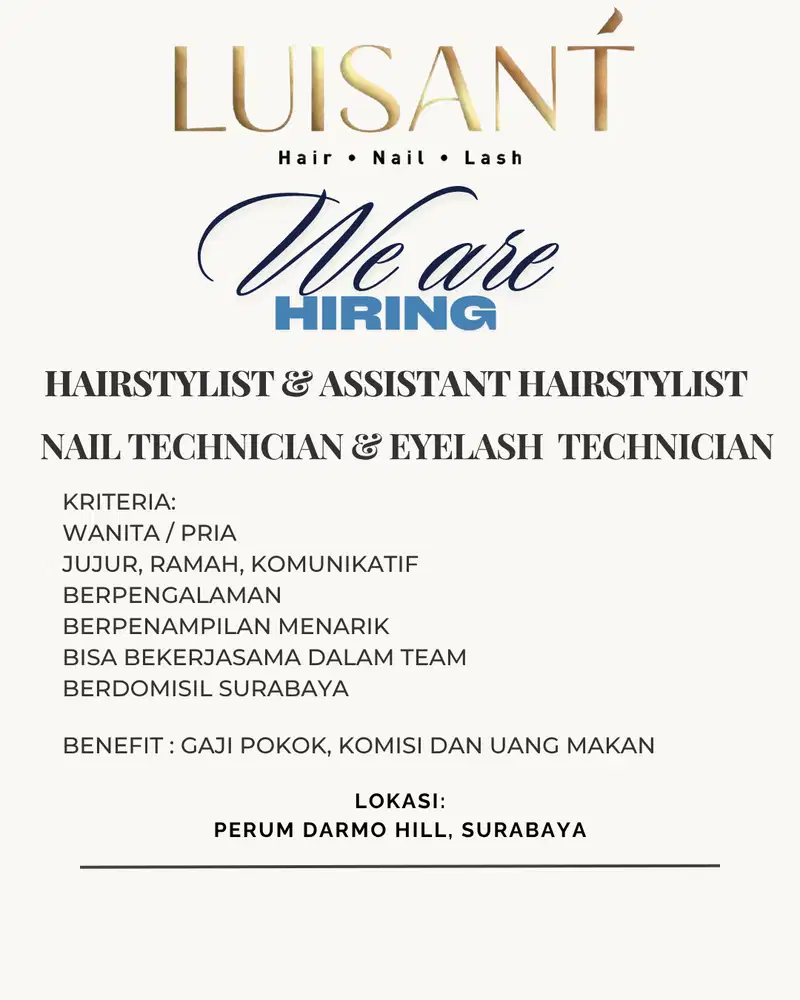 Dibutuhkan Hairstylist, Capster, Nail tech & Eyelash tech