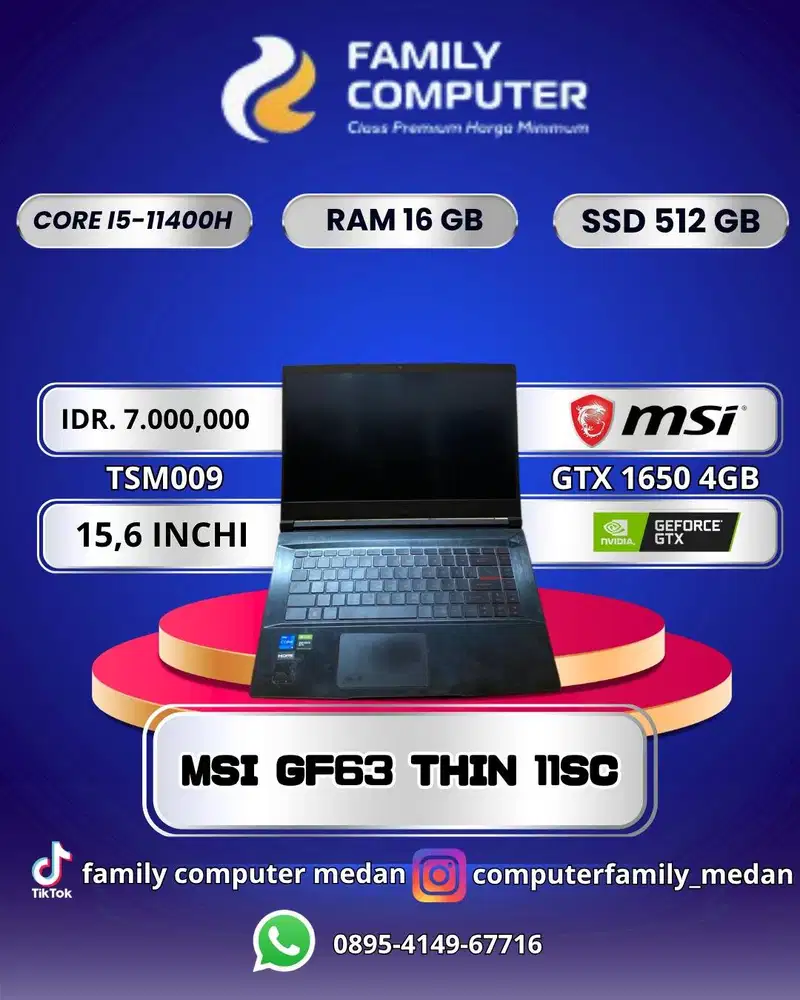 MSI GF63 THIN 11SC|COREI5-11400H|RAM16GB|SSD512GB|GTX1650 4GB|15,6 INC