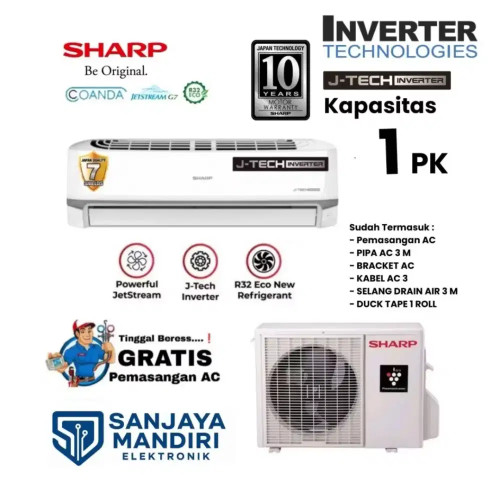 FREE PASANG! SHARP AC Split 1 PK INVERTER X10BEY Ion PlasmaCluster R32
