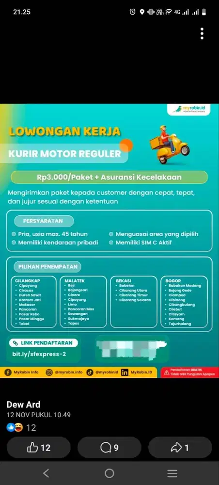 Dibutuhkan Kurir Reguler SF Exprees Segera