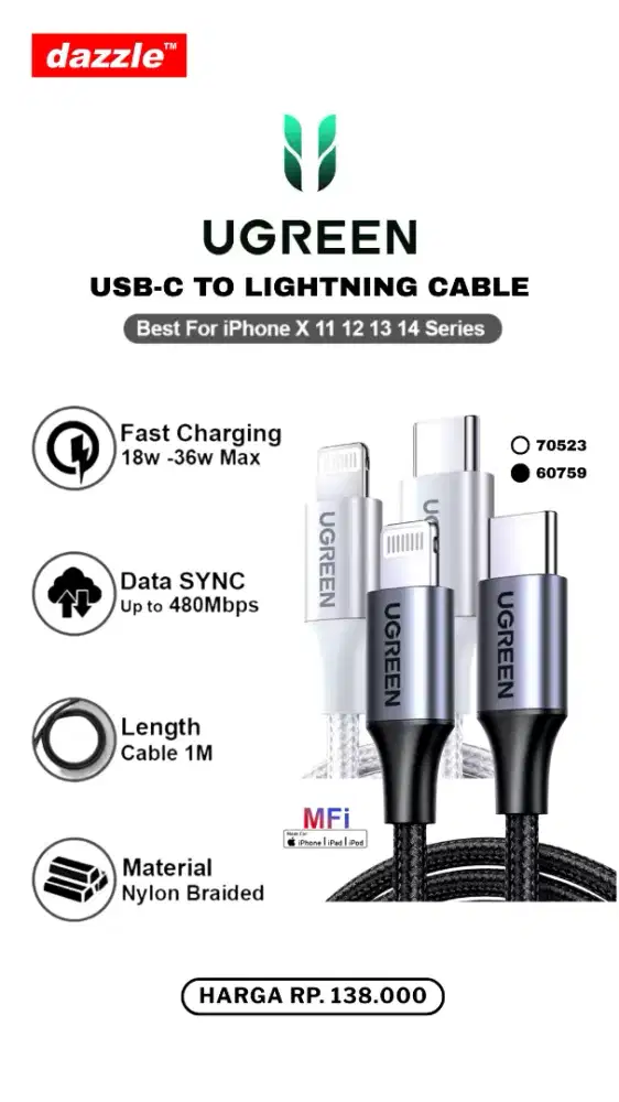 UGREEN TYPE C TO LIGHTNING CABLE MFi (70523, 60759)