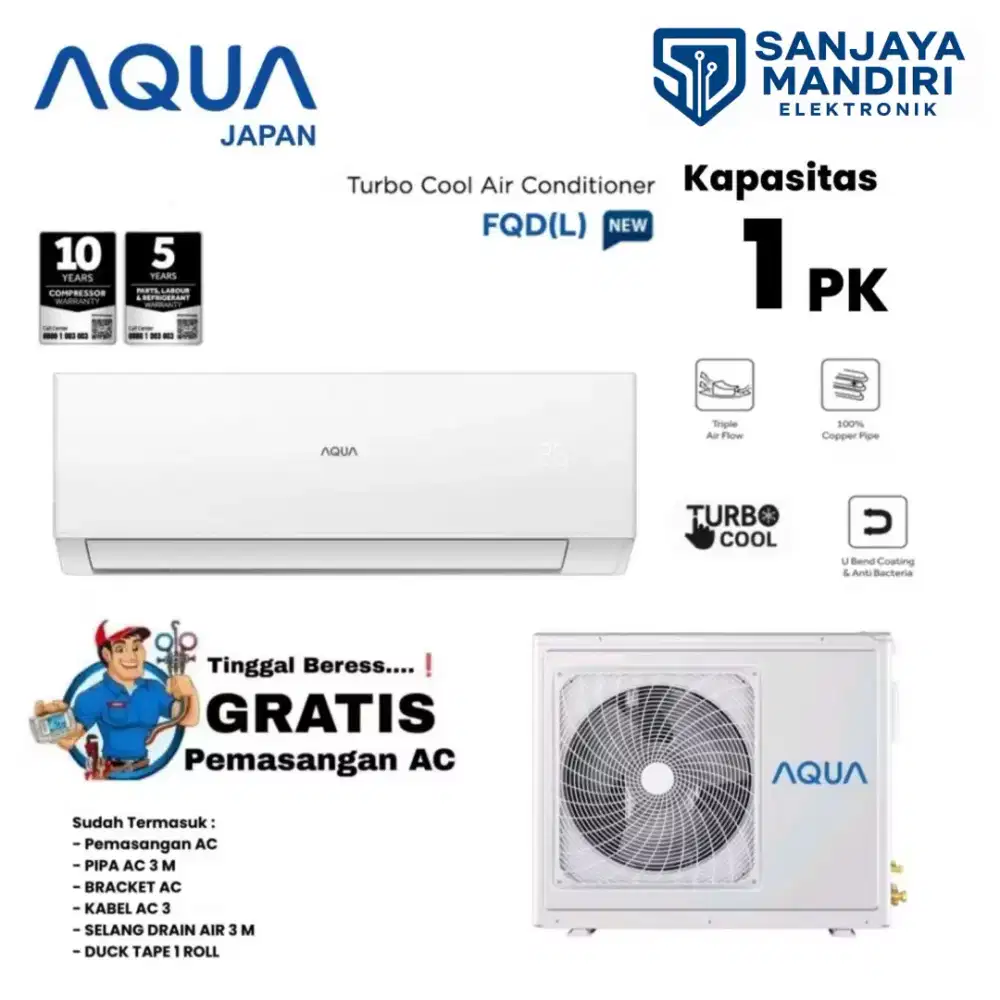 FREE PASANG! AQUA Japan AC Split 1 PK - Auto Clean TURBO COOL AQA9FQDL