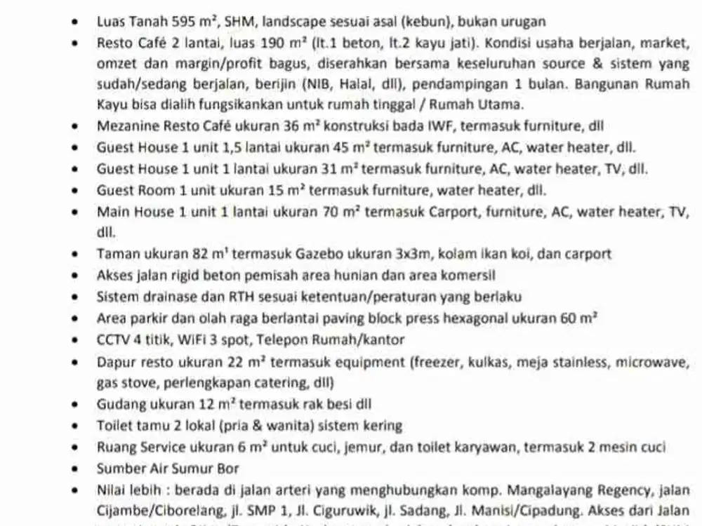 di jual kafe resto dan guest house masih aktif Cileunyi