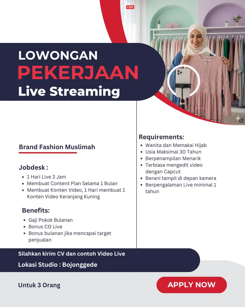 LOWONGAN KERJA HOST LIVE BRAND FASHION MUSLIMAH BOJONGGEDE