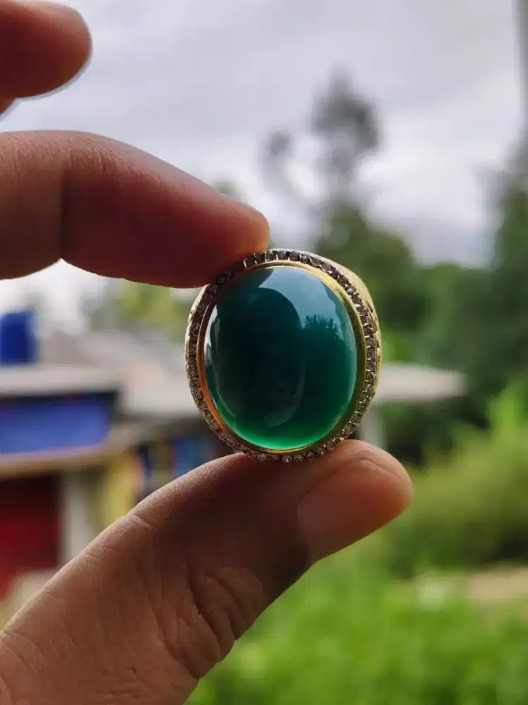 Natural Bacan Gulau Lawas Visual Hijau HQ Serat Halus Ring Perak Tebal
