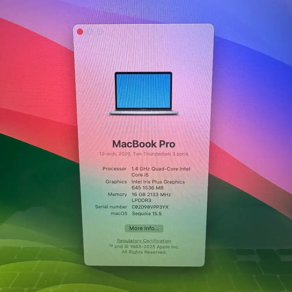 Macbook Pro 2020 Touchbar Ram 16 Ssd 256 Layar 13 inch Full set Silver