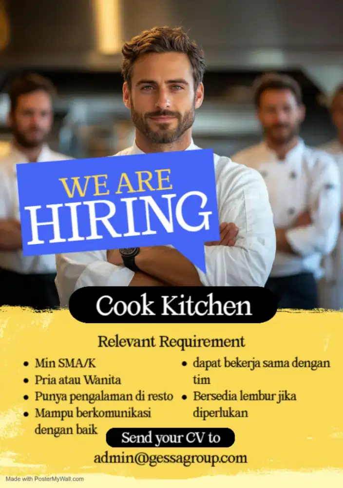 (Dibutuhkan segera) Lowongan Kerja Senior Cook dan Cook Helper