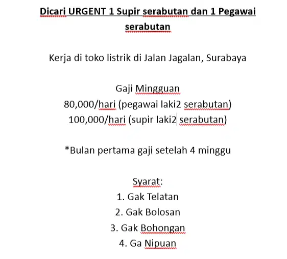 Dicari Pegawai dan Supir serabutan
