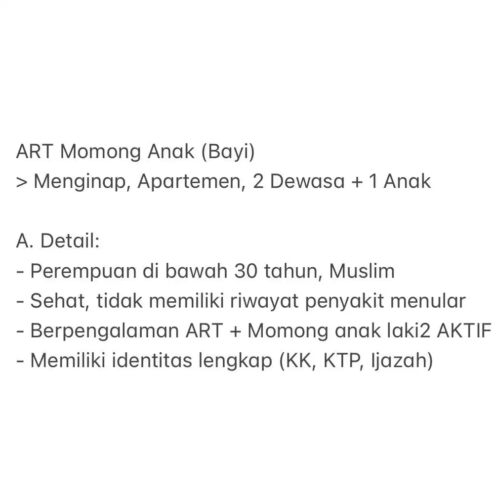 ART Momong (Anak  1+ Tahun), Menginap, Apartemen