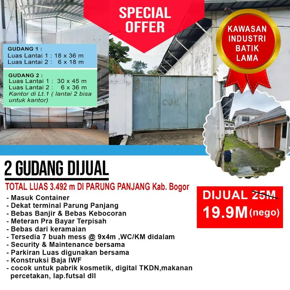 Dijual / Disewa Pabrik & Gudang Luas ± 4.890 m² Parung Panjang 19,9M