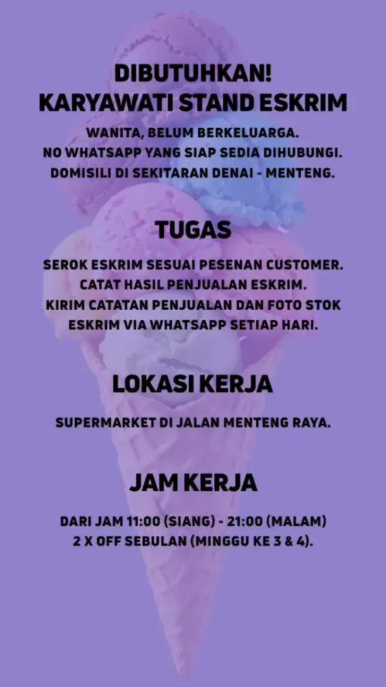 Dibutuhkan KARYAWATI stand eskrim