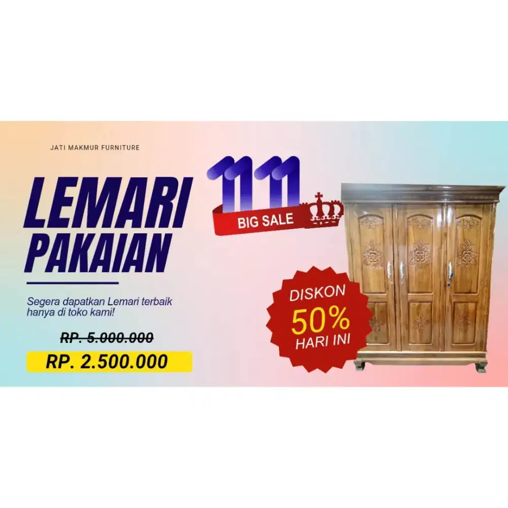 CUCI GUDANG! Lemari Jati 3 pintu dengan rak dan gantungan baju