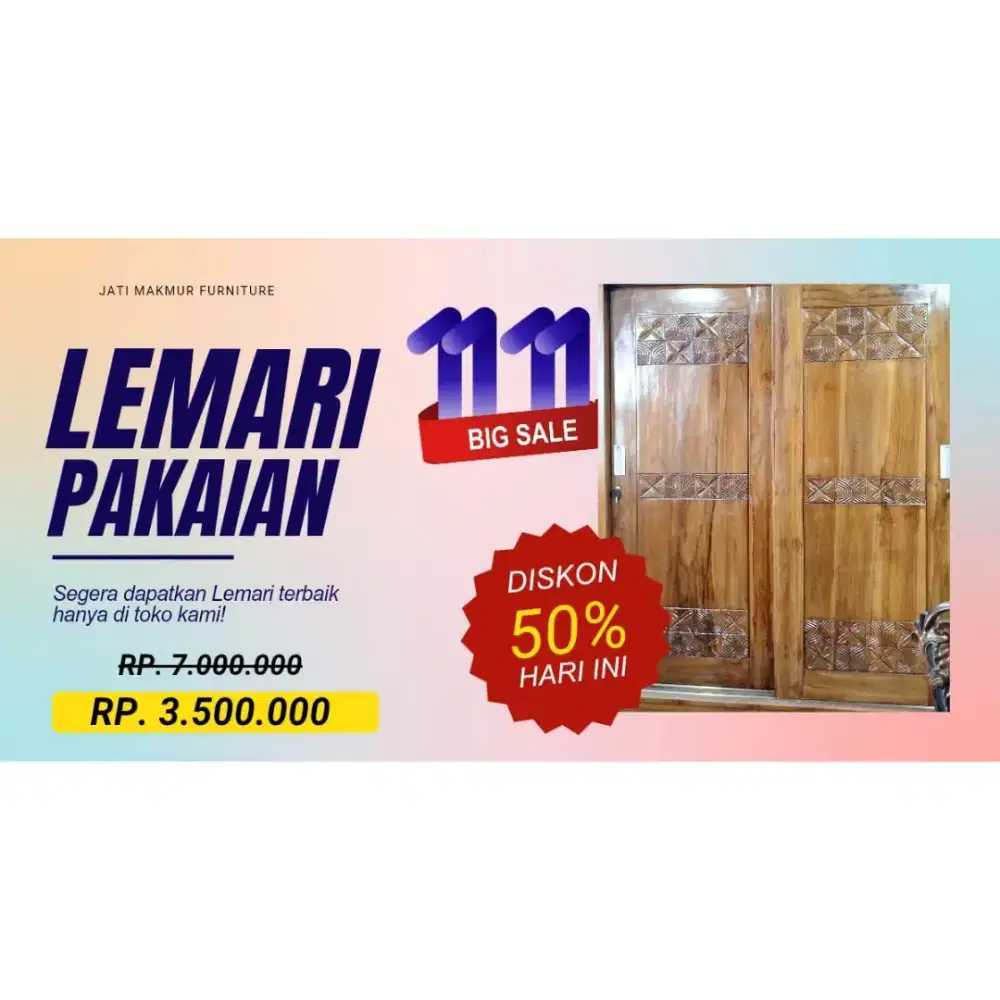 CUCI GUDANG! Lemari Kayu Jati 2 pintu Sliding Rak Luas, Kokoh, & Awet