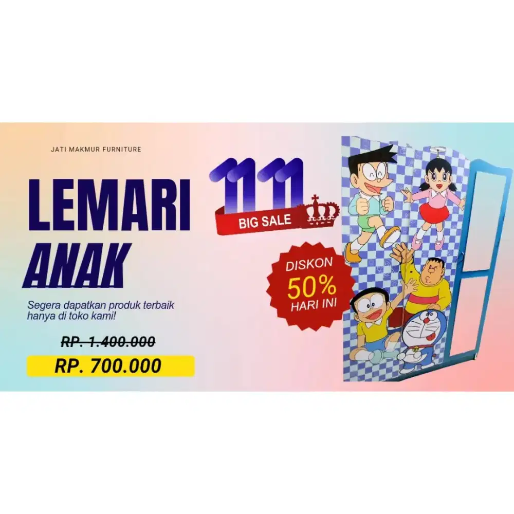 OBRAL! Lemari Pakaian Anak Motif Doraemon 3 Pintu
