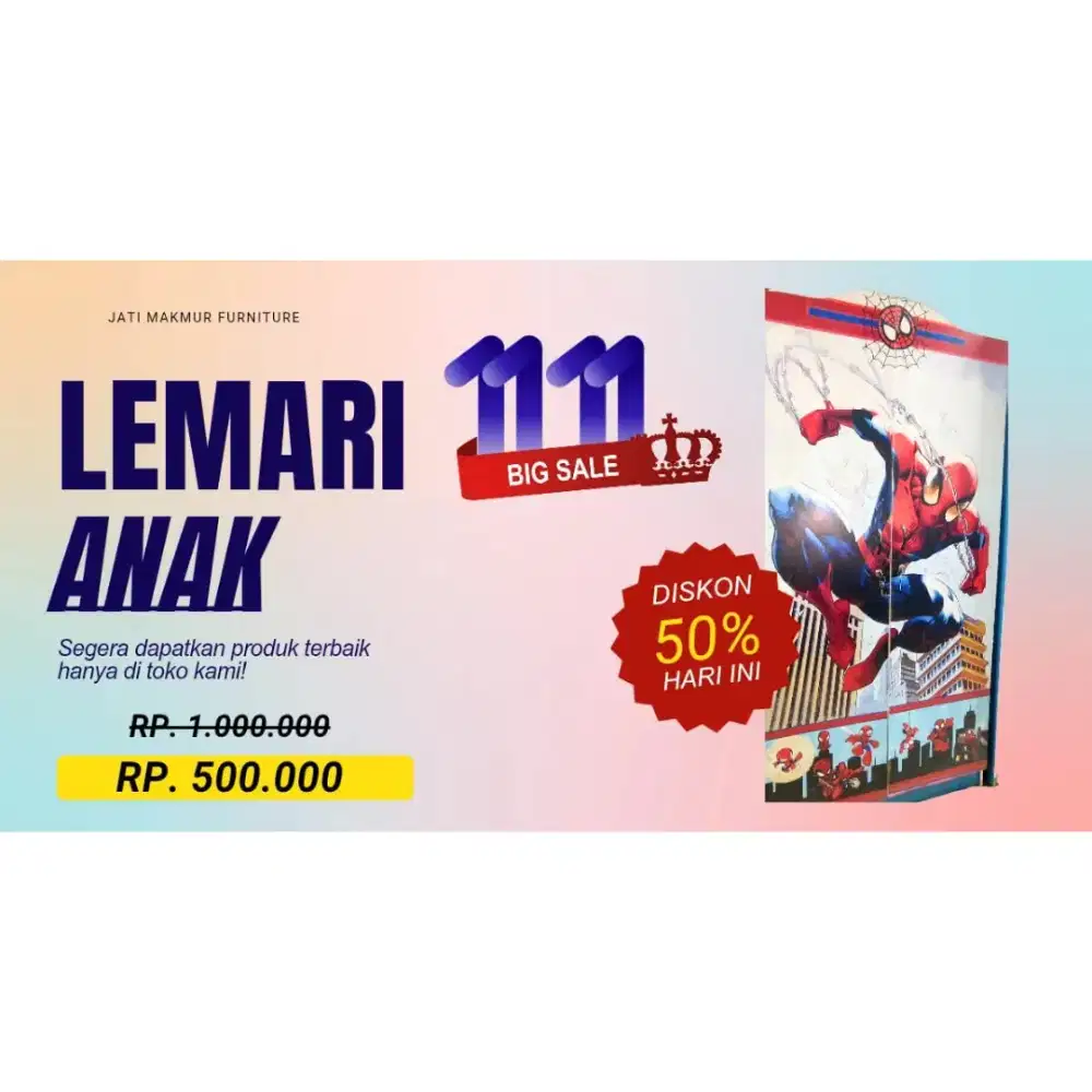 OBRAL! Lemari Pakaian Anak Motif SpiderMan 2 Pintu + Rak dan Gantungan