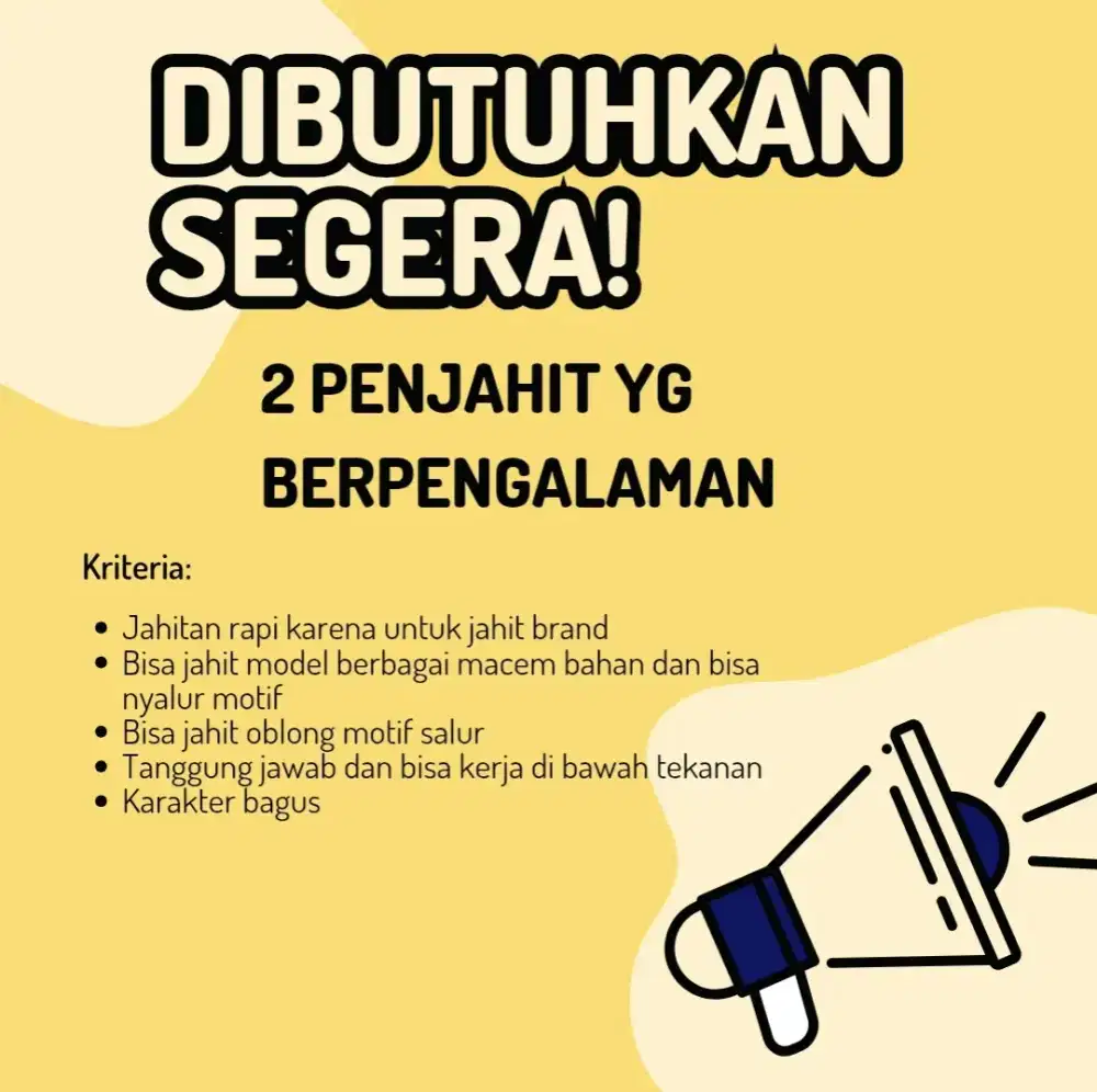 Di butuhkan tukang jahit fashion