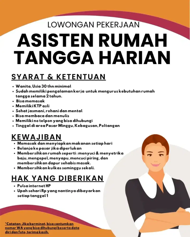 Lowongan ART Harian, Pasar Minggu.