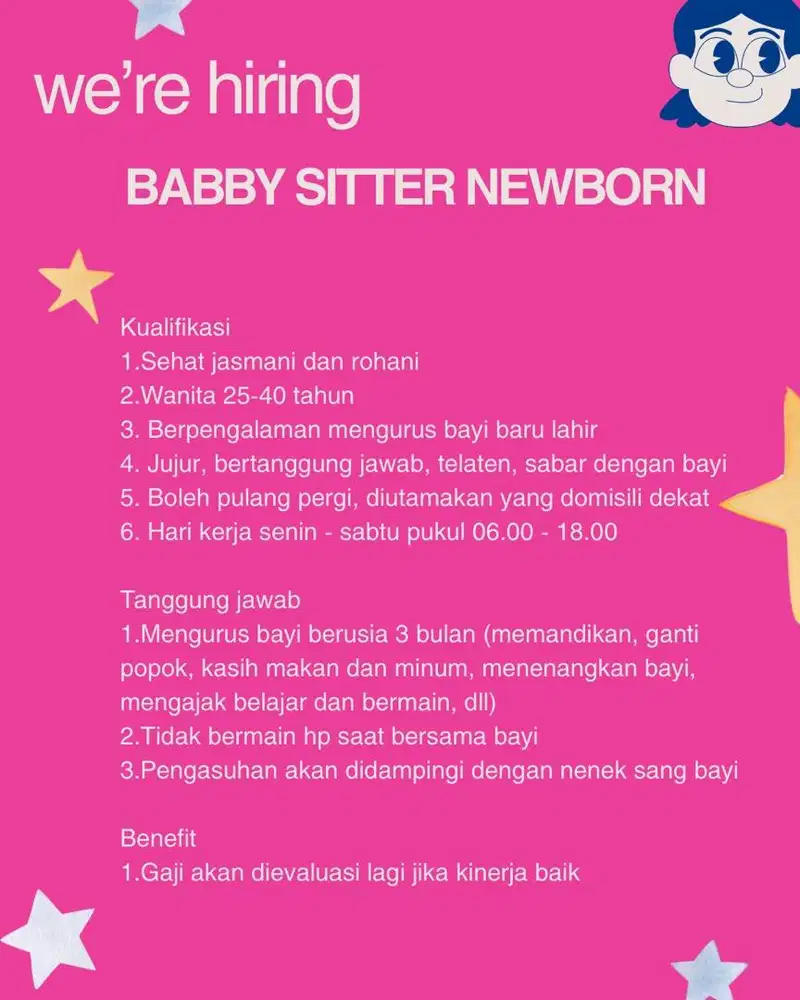 Dicari baby sitter bayi baru lahir yang berpengalaman