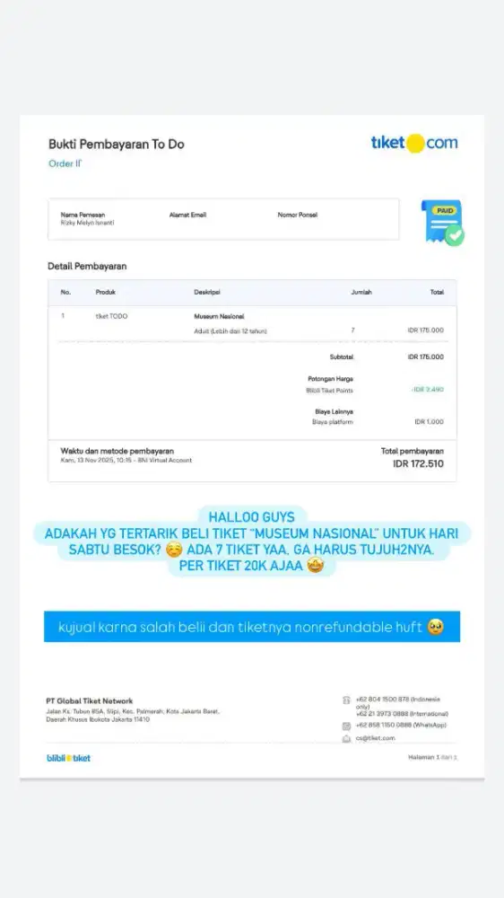 DIJUAL MURAH TIKET MUSEUM NASIONAL 7 TIKET @20K SAJA PER TIKETNYA