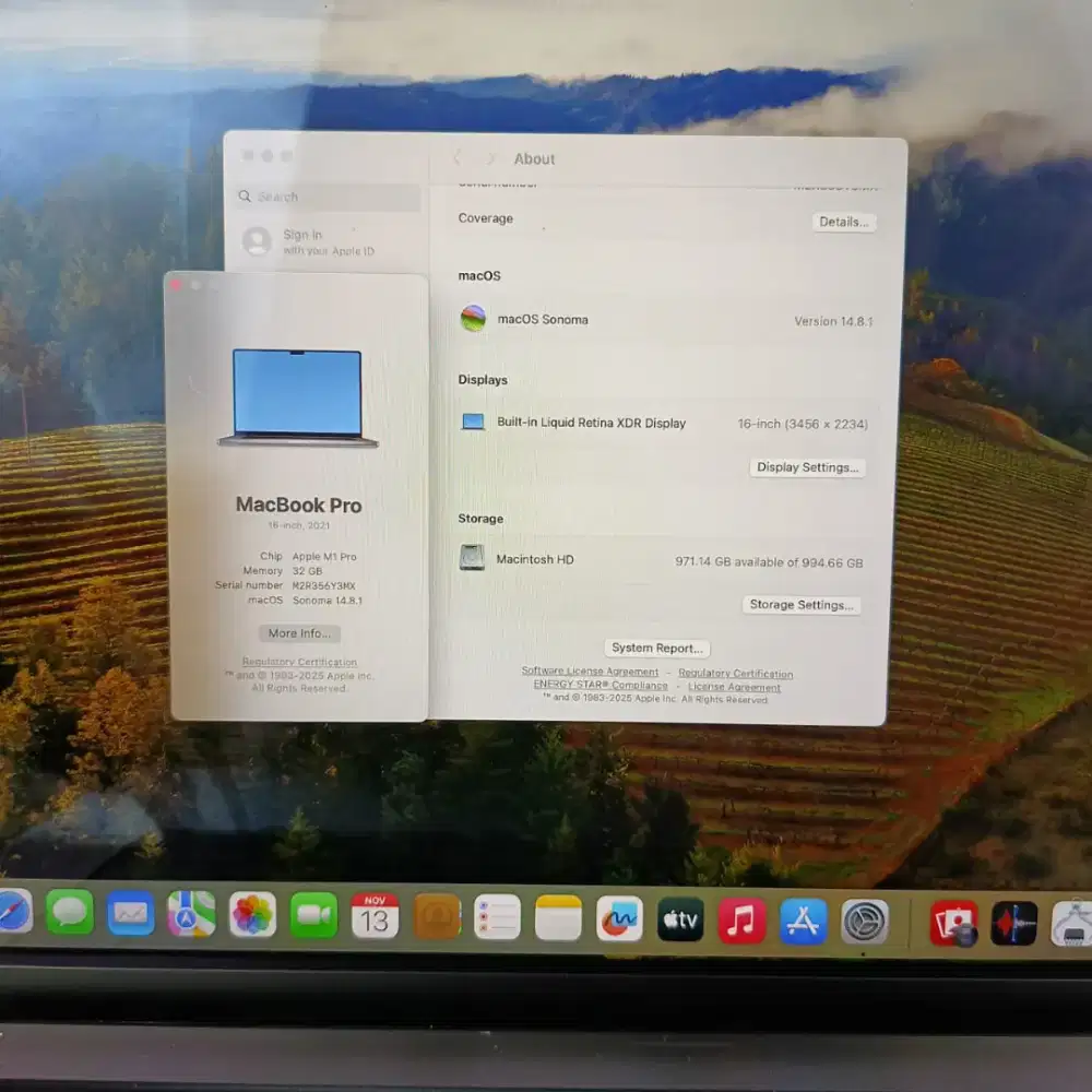 Macbook M1 Pro 16 Inch Ram 32 Ssd 1 Tb lengkap full set mulus grey