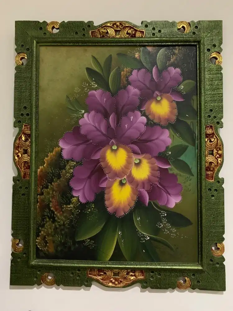 Lukisan Bunga Bali Frame kayu ukir