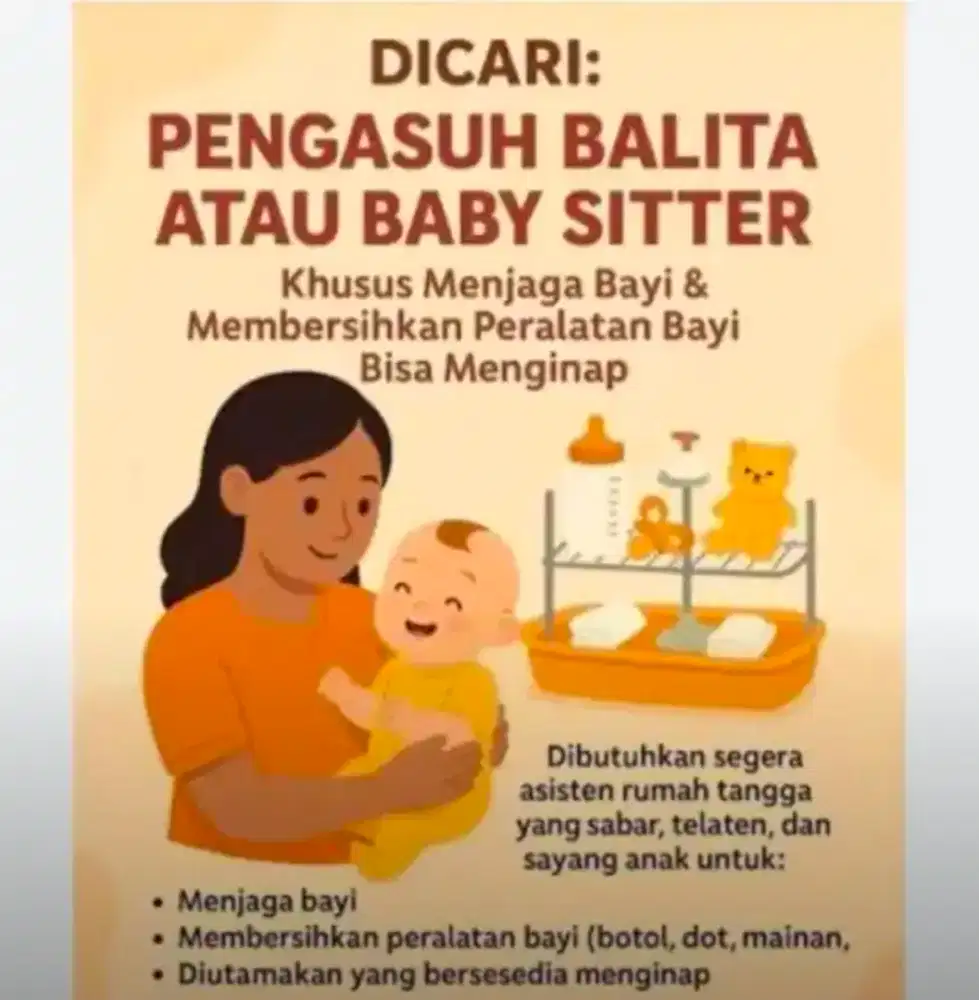 Lowongan kerja Art & Pengasuh balita atau baby sister. Di butuh segera