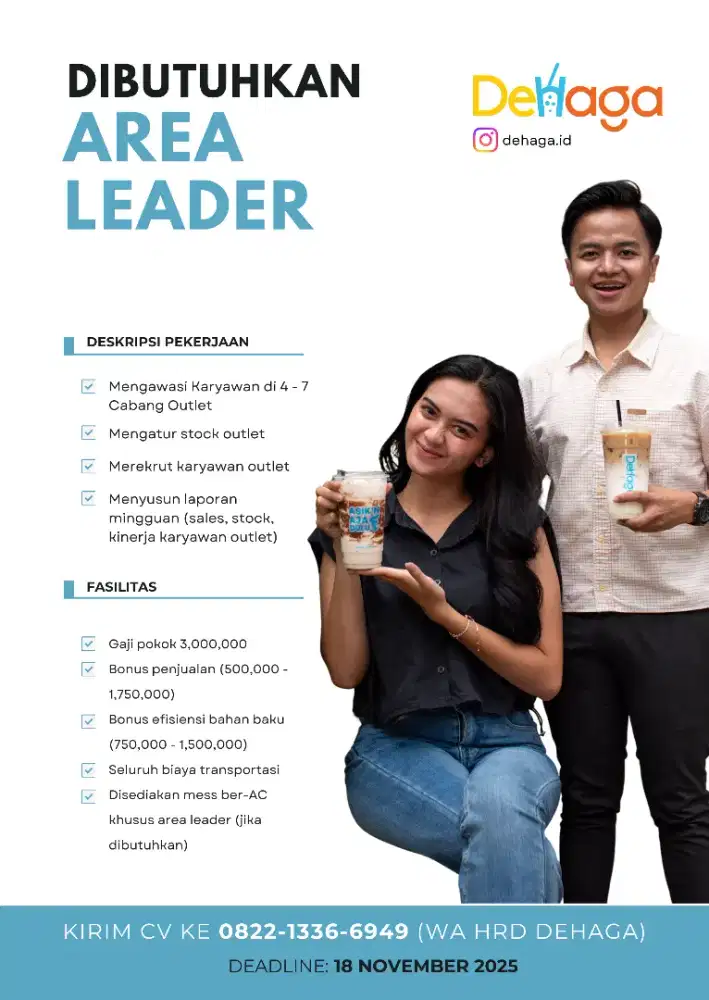 Dibutuhkan: Area Leader 2 orang, Helper 2 orang