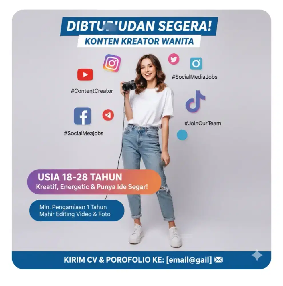 DIBUTUHKAN SEGERA! Konten Kreator Wanita KREATIF & ENERGETIC
