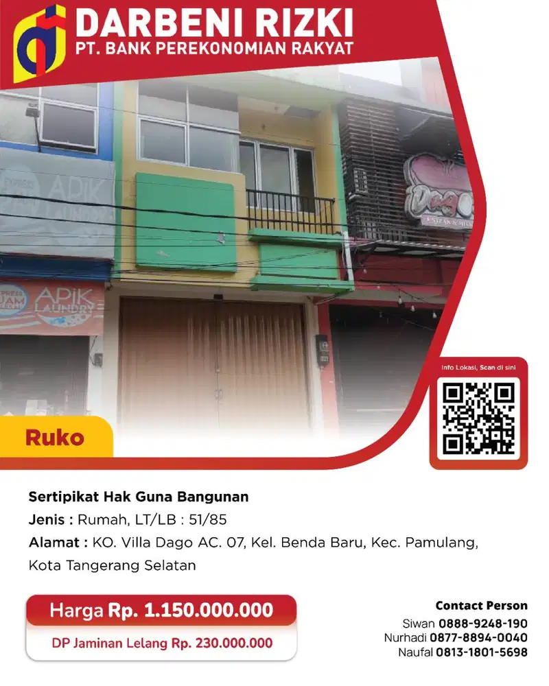 DIJUAL RUKO KO. VILLA DAGO AC 07 KEL. BENDA BARU