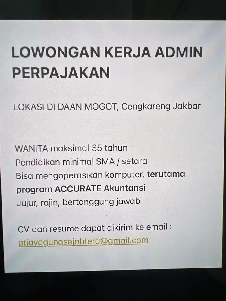 Lowongan Admin Perpajakan dan Keuangan Wanita