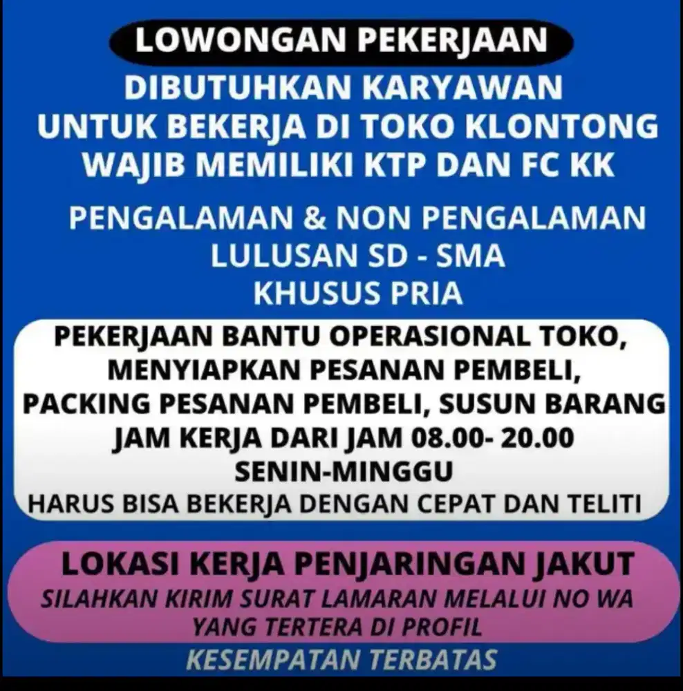 Lowongan Kerja  laki laki Harian Untuk Di Toko