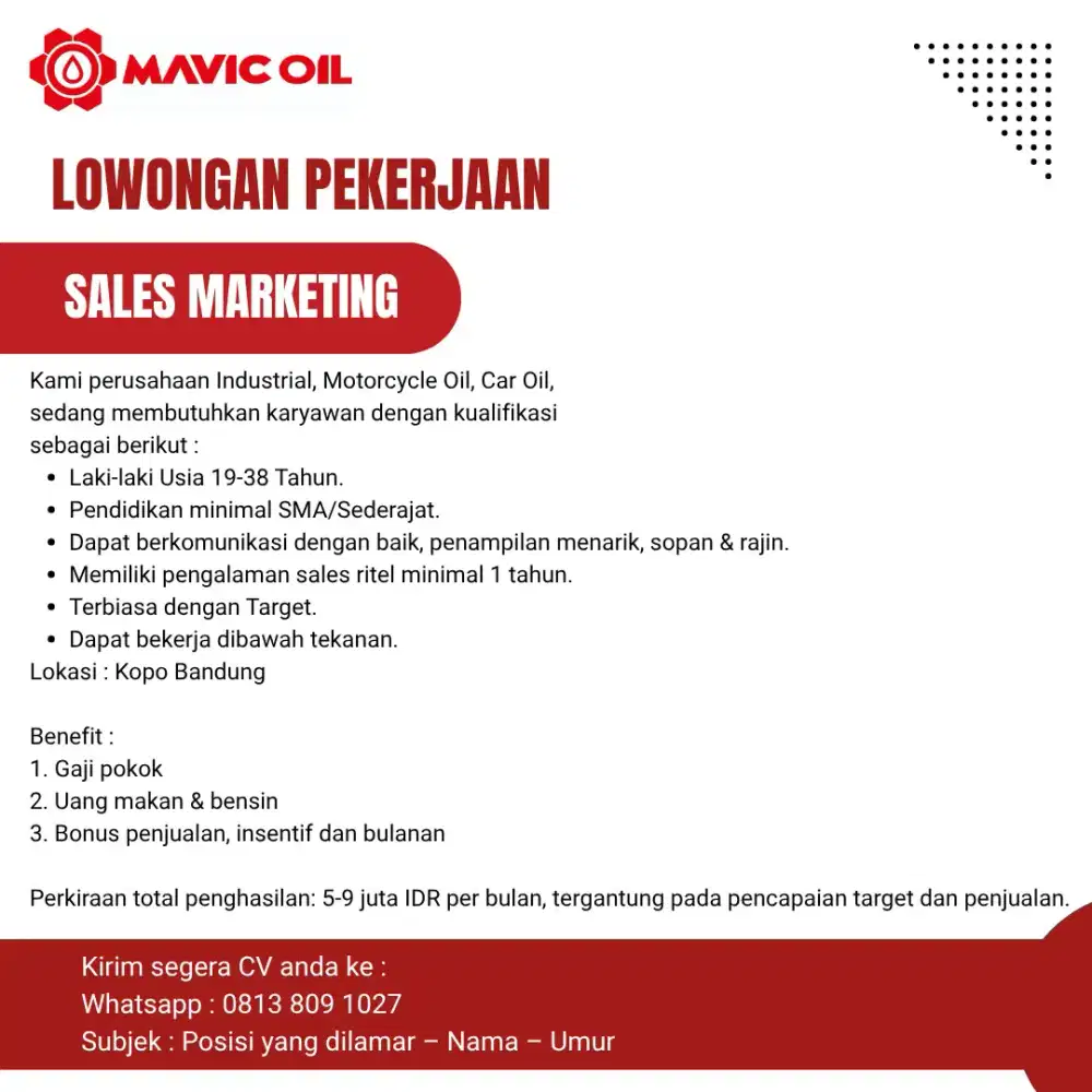 Lowongan kerja Marketing Mavic Oil