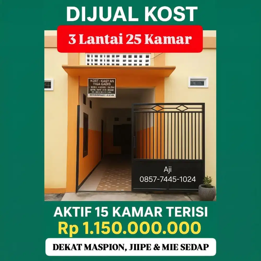DIJUAL KOST AKTIF - DEKAT MASPION, JIPE & MIE SEDAAP -15 KAMAR TERISI