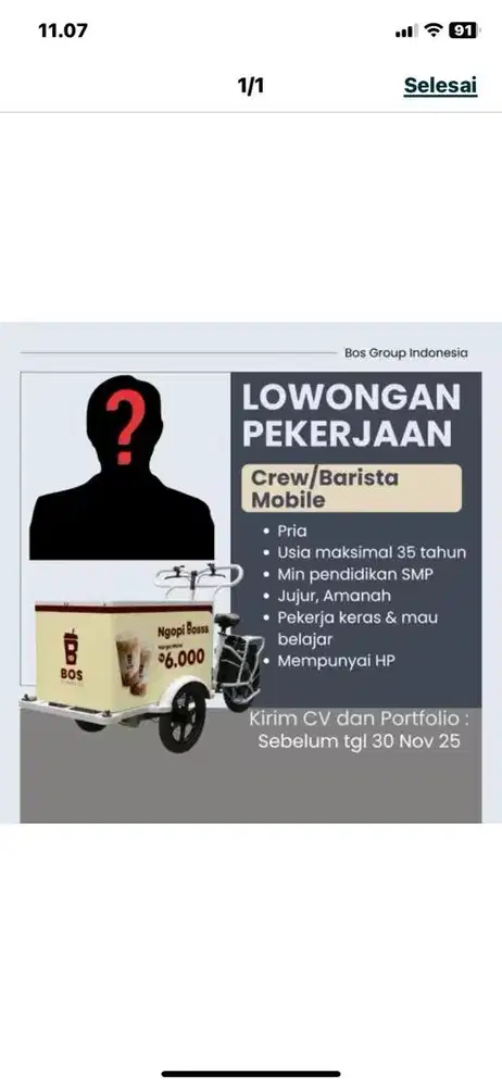 Crew/Barista kopi keliling Bos Coffe