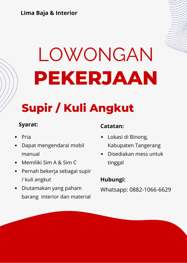 Lowongan Pekerjaan Driver / Kuli Angkut
