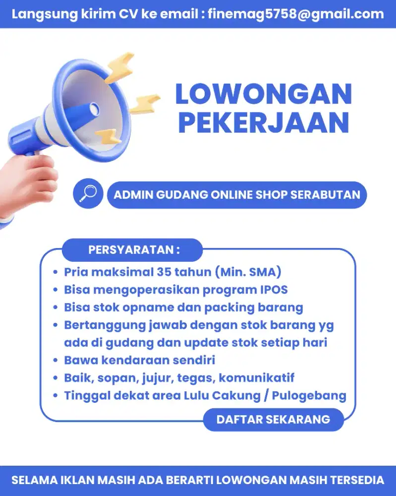 Lowongan untuk pria admin gudang online shop