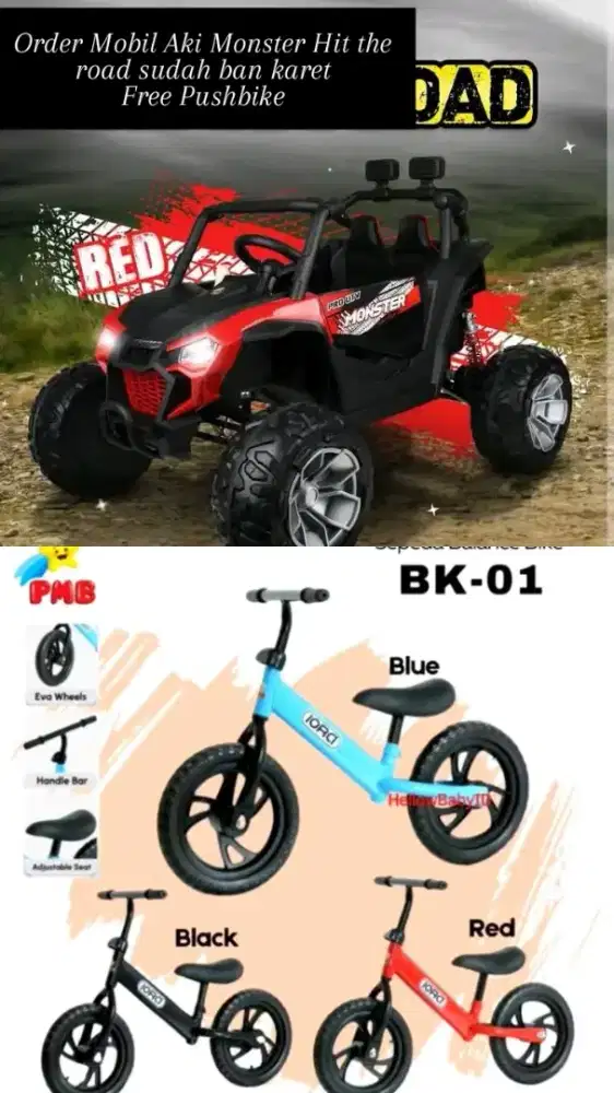 Promo  Mobil Aki Jeep Monster sudah ban karet bonus pushbike,garansi