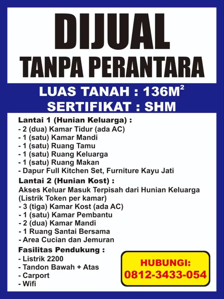 Dijual Rumah Kost SHM di Cluster Tirta Dahlia Perum Graha Tirta Waru