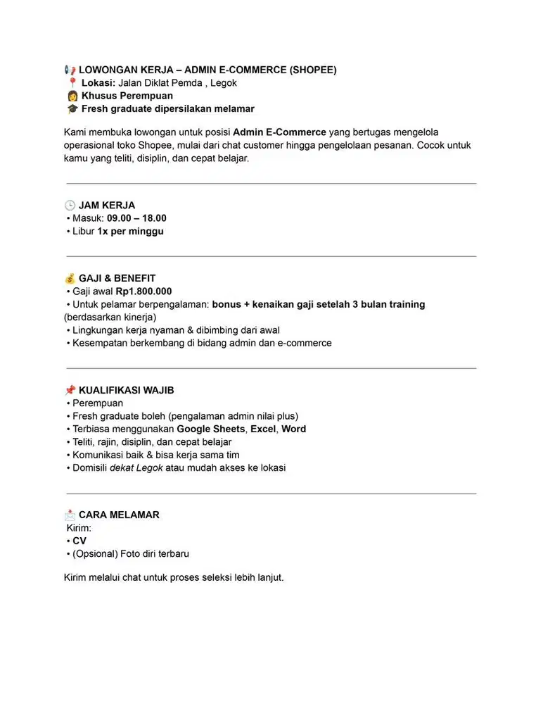 LOWONGAN KERJA ADMIN E-COMMERCE JALAN DIKLAT PEMDA LEGOK