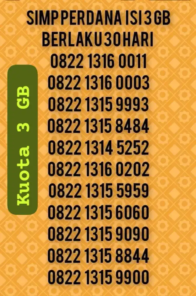 NOMOR CANTIK SIMPATI COUPLE ADA KUOTA 3 GB NASIONAL BERLAKU SATU BULAN