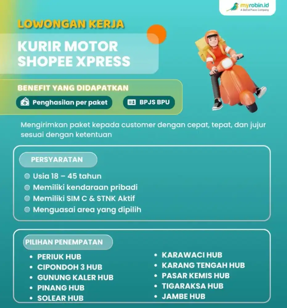 Lowongan kurir, CIPONDOH, BATUCEPER, PINANG, PONDOK AREN, CELEDUG, DLL