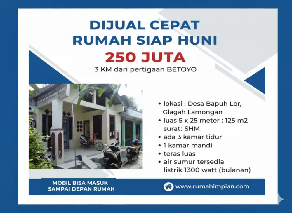 RUMAH SIAP HUNI 5 km dari PERTIGAAN BETOYO 125 m2 DIJUAL 250  JUTA