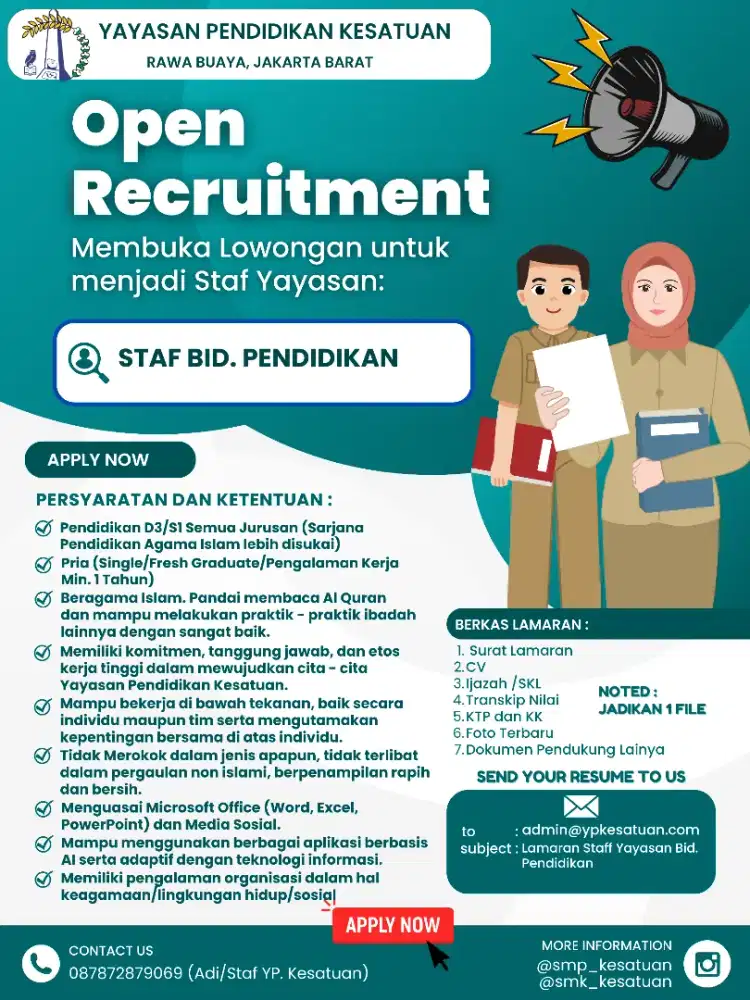 Loker posisi Staf Bid. Pendidikan
