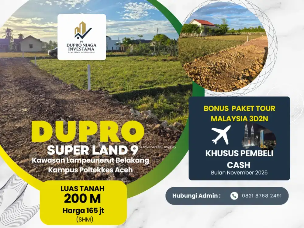 Dijual Kavling SHM Strategis DUPRO SUPER LAND 9 – Kawasan Lampeuneurut, Belakang Poltekkes Aceh