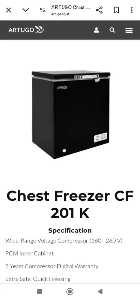 dijual cepat freezer merk Artugo Chest type CF 201K (Mulus sekali)