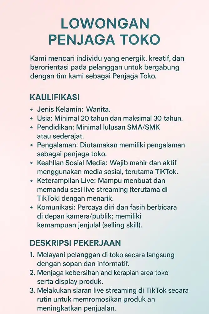 LOWONGAN PENJAGA TOKO ( WANITA ) WAJIB