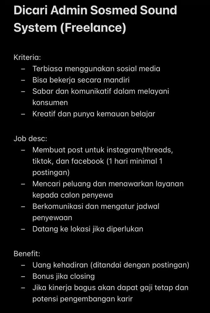 Dicari Admin Sosmed Freelance