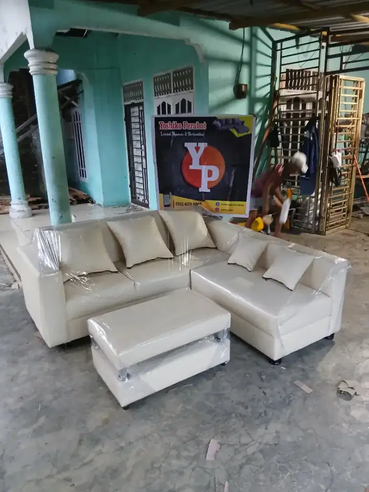 Yoshiko perabot - sofa L minimalis cream + meja