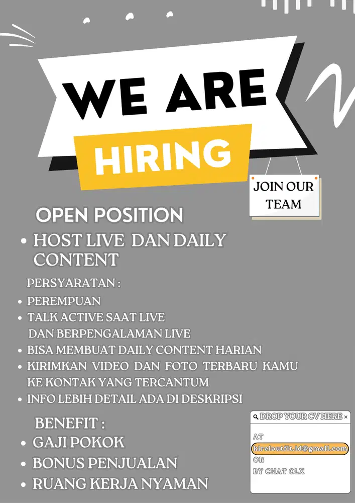 DI BUTUHKAN HOSTLIVE DAN DAILY KONTEN URGENT